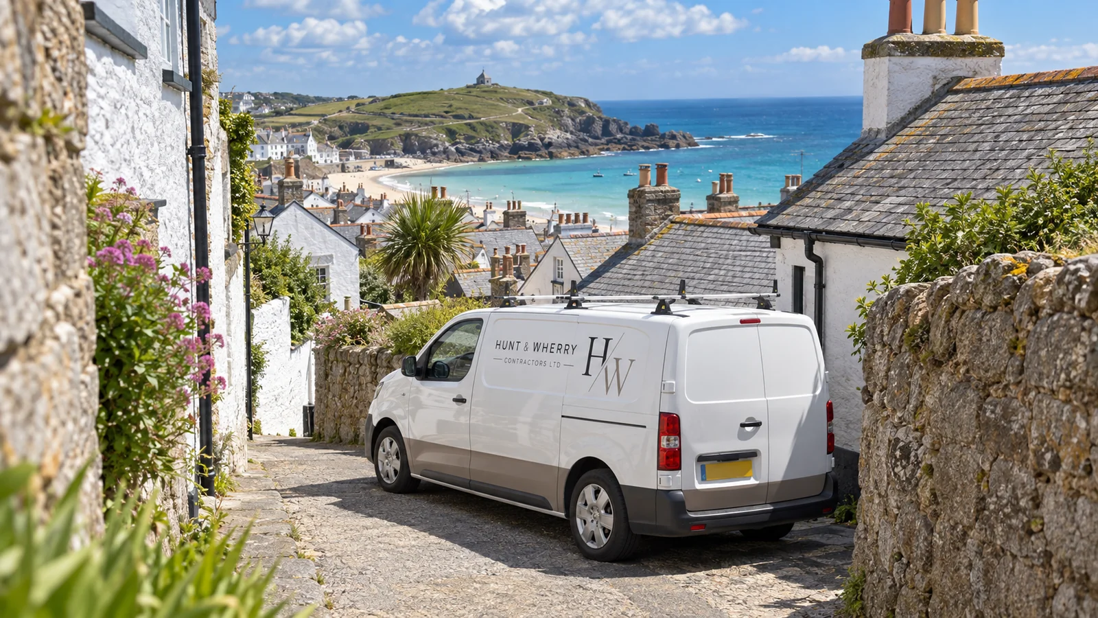 Porcelain patio laid at a coastal property overlooking St Ives Bay, Cornwall