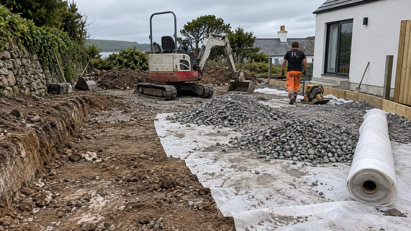 Tracked excavator digging out a groundworks site in west Cornwall with spoil loaded ready for muck away