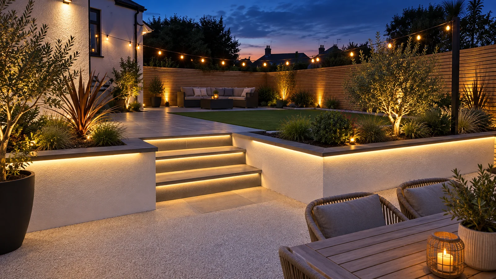 Terraced garden with retaining, steps and a level lawn on a sloping west Cornwall plot