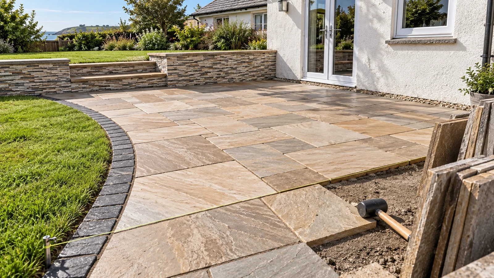 Newly laid sandstone patio with cut edges and a fall away from the house in a west Cornwall garden