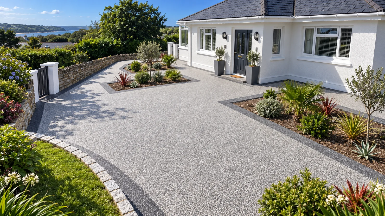 Newly laid resin bound driveway with a seamless finish running up to a house in west Cornwall